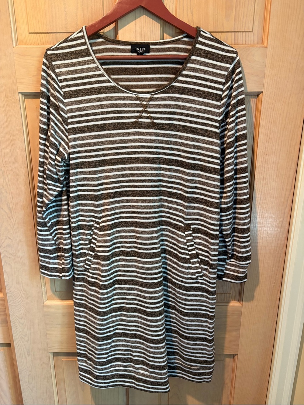 Tacera Brown and White Striped Knit Tunic Dress